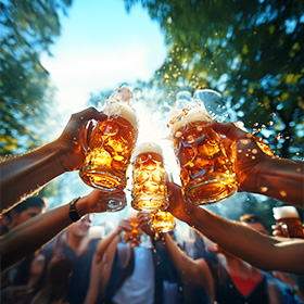 屋外で太陽の光を浴びながら複数の人がビールジョッキを持ち、乾杯している様子を写した画像