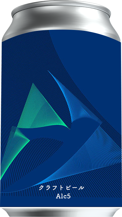 青地に緑と青の幾何学模様が描かれたクラフトビール缶