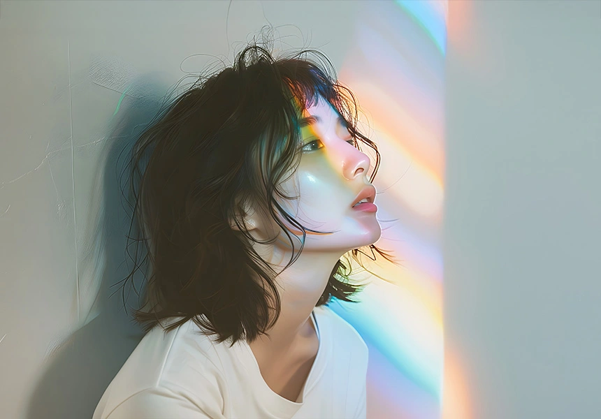 虹色の光に包まれた、ナチュラルでジェンダーレスな雰囲気の女性モデル