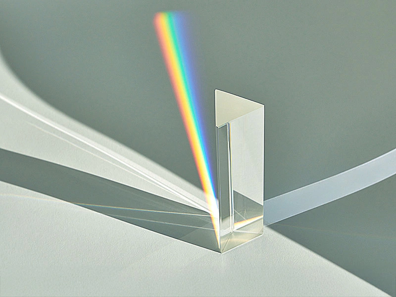 三角柱のガラスプリズムに白色光が当たり、虹色のスペクトルが壁に投影されている様子。