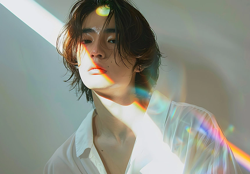 柔らかな光と虹のプリズムが差し込む中性的な雰囲気の男性モデル