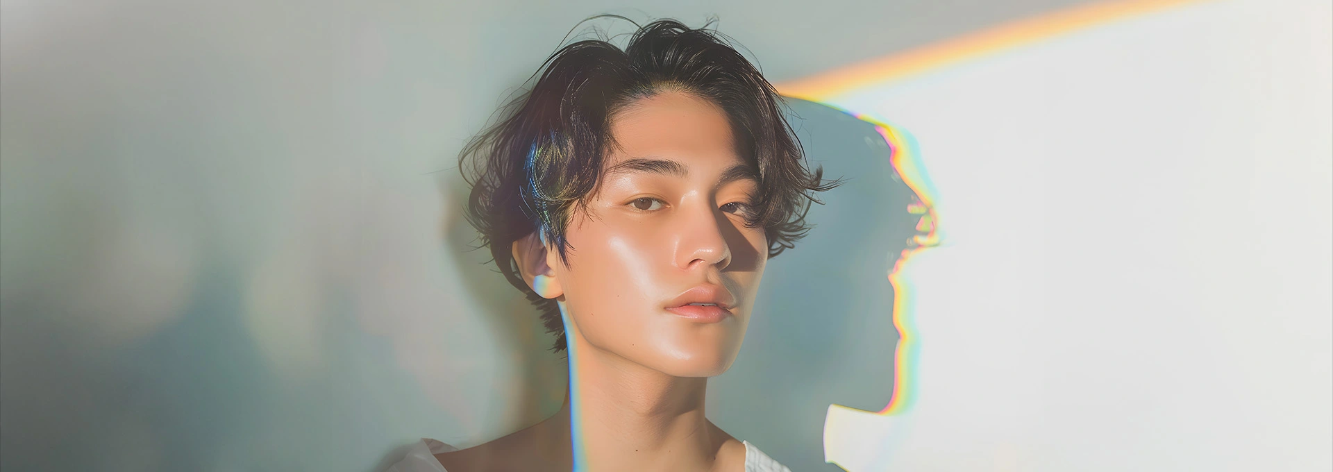 光のプリズムが当たる、センター分けの中性的なウェーブヘアの男性