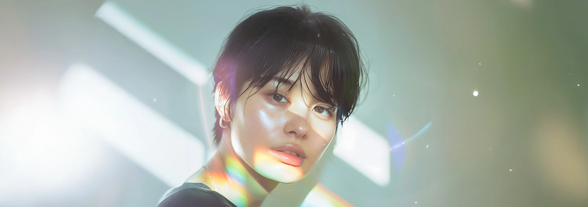 プリズムの光を浴び、凛とした佇まいのショートヘアの女性