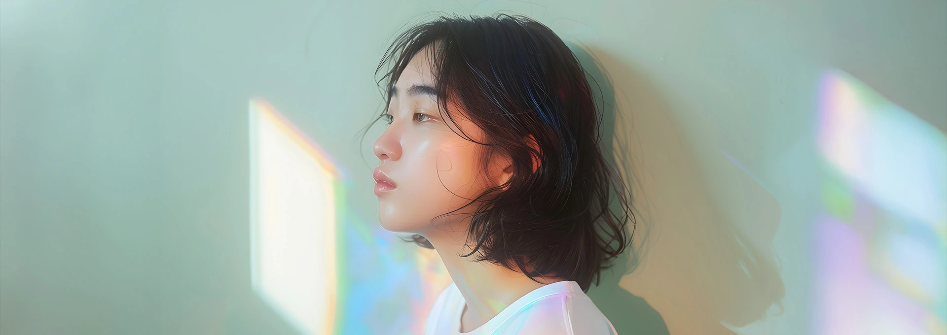 光のプリズムが髪や肌に虹色の光を落とし、透明感と艶感を纏うミディアムヘアの女性