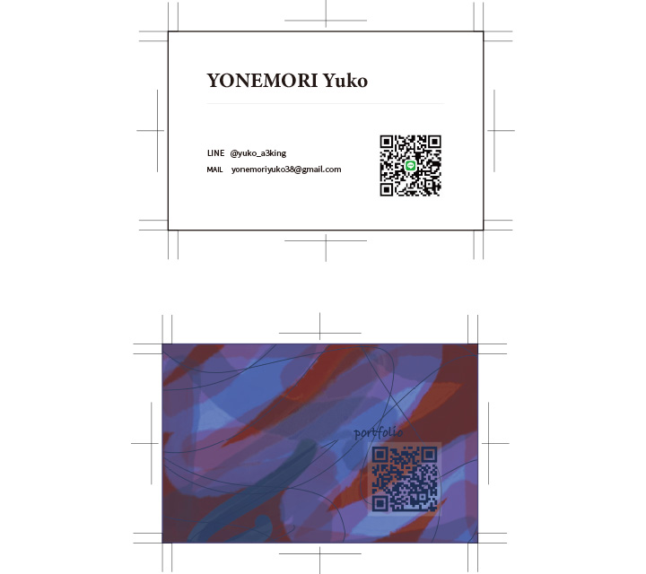自身の名刺画像。表面は名前・LINE・MAILを記載したシンプルなデザイン。裏面は紫・赤・青を基調としたニュアンスデザインをベースにポートフォリオQRが配置されている。