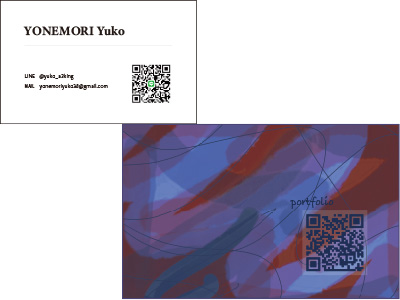 自身の名刺画像。表面は名前・LINE・MAILを記載したシンプルなデザイン。裏面は紫・赤・青を基調としたニュアンスデザインをベースにポートフォリオQRが配置されている。